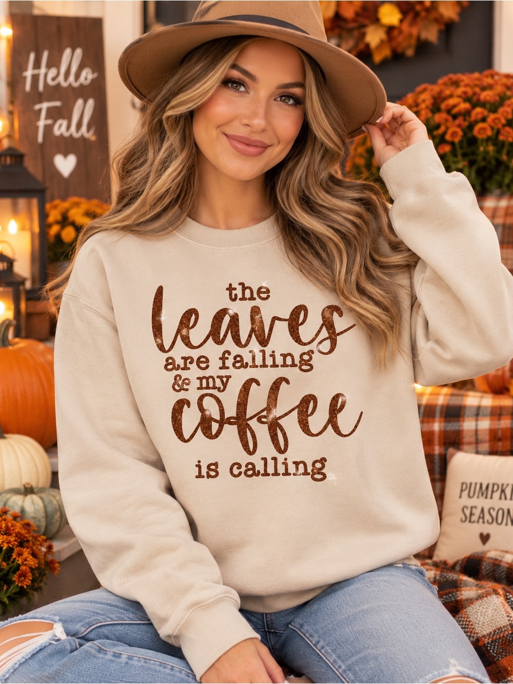 Cozy Cream Fall Sweatshirt - "The Leaves Are Falling & My Coffee Is Calling"